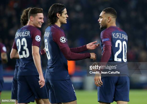 Layvin Kursawa of PSG celebrates his goal with Edinson Cavani during the UEFA Champions League group B match between Paris Saint-Germain and RSC...
