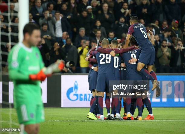 Neymar Jr of PSG celebrates his goal while goalkeeper of Anderlecht Frank Boeckx looks on during the UEFA Champions League group B match between...