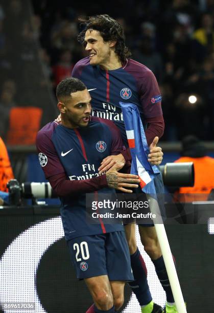 Layvin Kursawa of PSG celebrates his goal with Edinson Cavani during the UEFA Champions League group B match between Paris Saint-Germain and RSC...