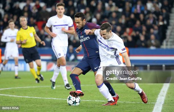 Neymar Jr of PSG, Uros Spajic of Anderlecht during the UEFA Champions League group B match between Paris Saint-Germain and RSC Anderlecht at Parc des...