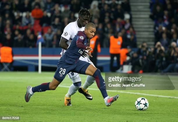 Kylian Mbappe of PSG, Serigne Kara Mbodji of Anderlecht during the UEFA Champions League group B match between Paris Saint-Germain and RSC Anderlecht...