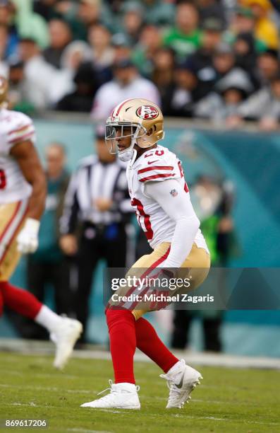 Leon Hall of the San Francisco 49ers defends during the game against the Philadelphia Eagles at Lincoln Financial Field on October 29, 2017 in...