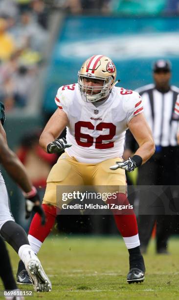 Erik Magnuson of the San Francisco 49ers blocks during the game against the Philadelphia Eagles at Lincoln Financial Field on October 29, 2017 in...