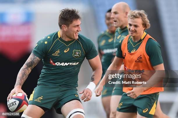 Sean McMahon runs with the ball during the Australia Captain's Run at Nissan Stadium on November 3, 2017 in Yokohama, Kanagawa, Japan.