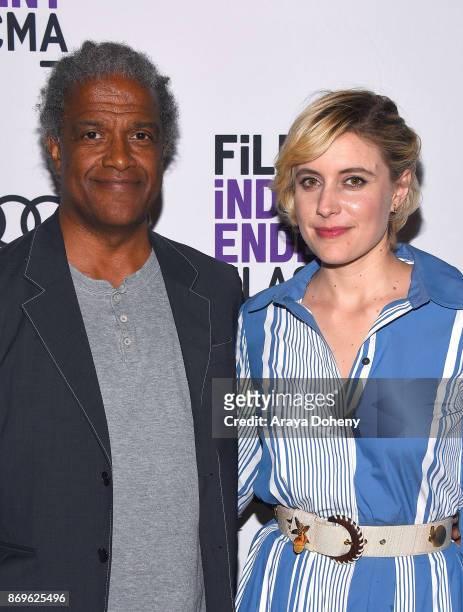 Elvis Mitchell and Greta Gerwig attend the Film Independent at LACMA presents "Lady Bird" screening and Q&A at Bing Theater At LACMA on November 2,...