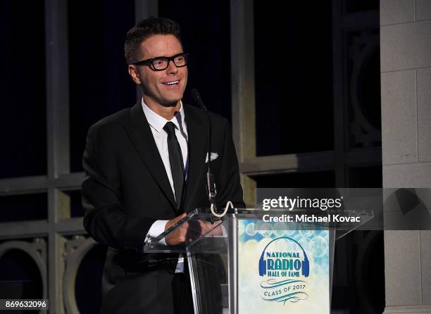 Honoree Bobby Bones presents onstage at the National Radio Hall of Fame Class Of 2017 Induction Ceremony & Celebration at the Museum of Broadcast...