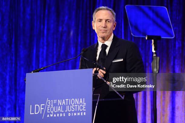 Starbucks chairman and CEO Howard Schultz on stage during the LDF 31th National Equal Justice Awards Dinner at Cipriani 42nd Street on November 2,...