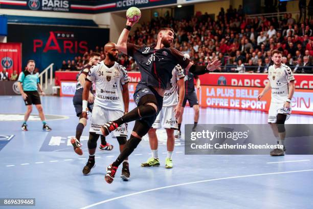 Luka Karabatic of Paris Saint Germain is shooting the ball during the Lidl Star Ligue match between Paris Saint Germain and Dunkerque at Salle Pierre...