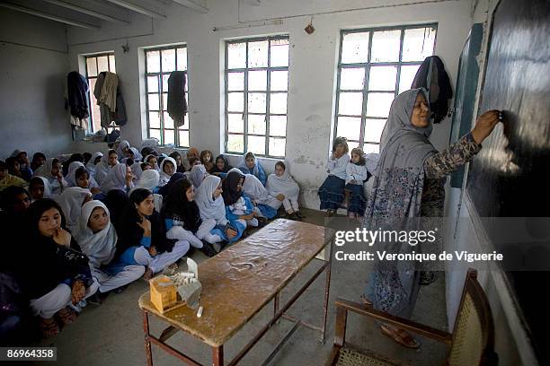 Saeb Sultan carries on teaching girls despite the many threats that the school received from the Taliban militants, March 31, 2009 in Mardan,...