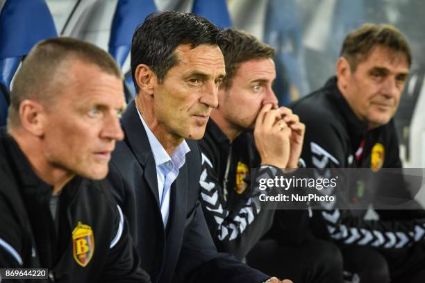 Cedomir Janevski, head coach of FK Vardar, during the UEFA Europa League Group L football match between Real Sociedad and FK Vardar at the Anoeta...