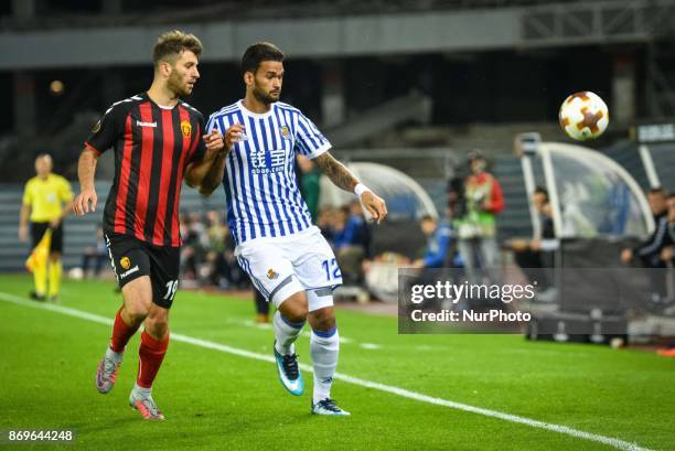 Hovhannes Hambartsumyan of FK Vardar duels for the ball with Willian Jose of Real Sociedad during the UEFA Europa League Group L football match...