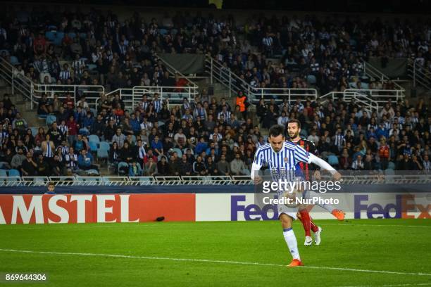 Juanmi of Real Sociedad kick the ball during the UEFA Europa League Group L football match between Real Sociedad and FK Vardar at the Anoeta Stadium,...