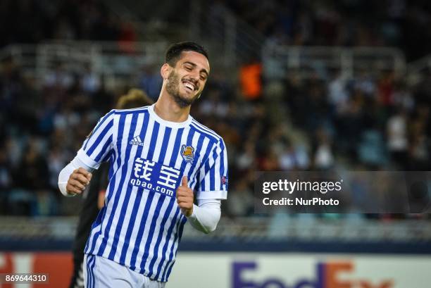 Juanmi of Real Sociedad reacts during the UEFA Europa League Group L football match between Real Sociedad and FK Vardar at the Anoeta Stadium, on 2...