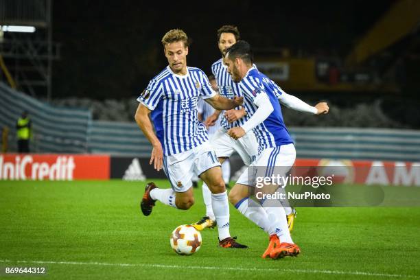 Sergio Canales and Juanmi of Real Sociedad during the UEFA Europa League Group L football match between Real Sociedad and FK Vardar at the Anoeta...