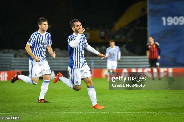 Juanmi of Real Sociedad celebrates with teammates after scoring during the UEFA Europa League Group L football match between Real Sociedad and FK...