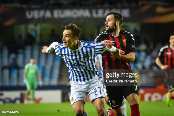 Andoni Gorosabel of Real Sociedad duels for the ball with Jambul Jigauri of FK Vardar &lt;during the UEFA Europa League Group L football match...