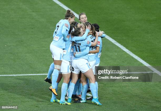 Rebekah Stott of Melbourne City celebrates after scoring a goal during the round two W-League match between Melbourne City FC and Melbourne Victory...