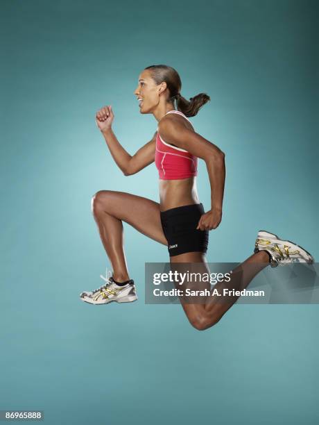 Track and field athlete Lori Jones aka Lolo Jones, poses at a portrait session in New York for Runner's World Magazine.