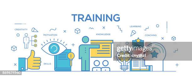 flat line design illustration concept of training. banner for website header and landing page. - mobile landing page stock illustrations