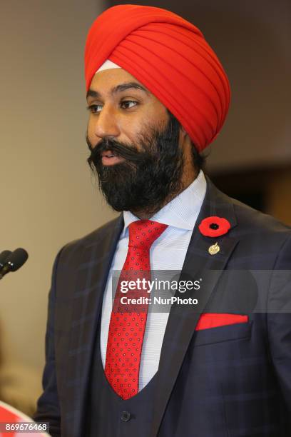 Raj Grewal the Member of Parliament for the riding of Brampton East delivers remarks on the changes to the Canada Child Benefit at a press conference...