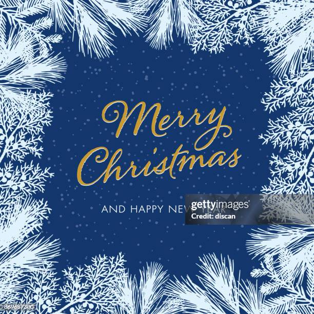 christmas card with white evergreen silhouettes. - glitter font vector stock illustrations
