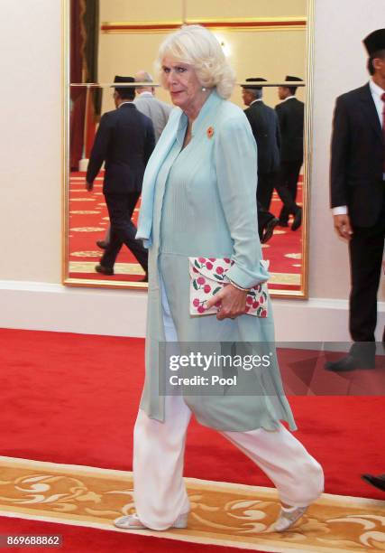 Camilla, The Duchess of Cornwall arrives at Istana Negara to visit His Majesty The Yang di-Pertuan Agong XV Sultan Muhammad V, on November 3, 2017 in...