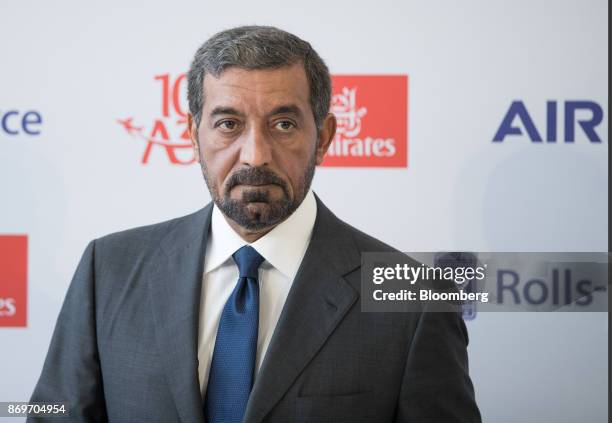 Sheikh Ahmed bin Saeed Al Maktoum, chief executive officer of Emirates Airlines, attends a news conference as Emirates take delivery of their 100th...