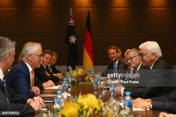 Malcolm Turnbull, Prime Minister of Australia talks with Dr Frank-Walter Steinmeier, President of Germany during their bilateral meeting at the Crown...