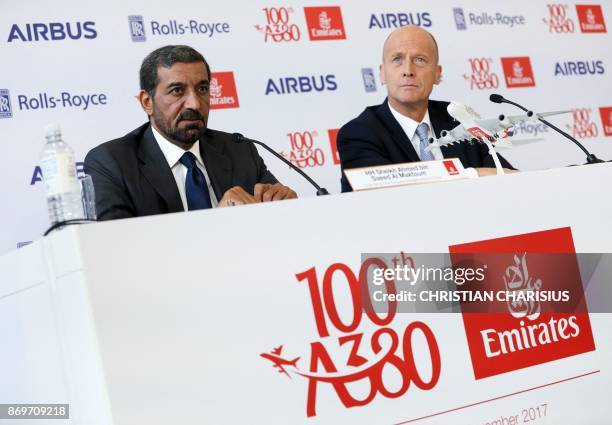 German Chief Executive Officer of European aerospace giant Airbus Group, Thomas Enders and Emirates Chief Executive Officer Sheikh Ahmed bin Saeed...