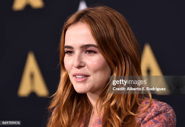 Actress Zoey Deutch attends the Academy Nicholl Fellowships In Screenwriting Awards Presentation And Live Read at Samuel Goldwyn Theater on November...