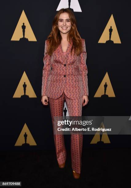 Actress Zoey Deutch attends the Academy Nicholl Fellowships In Screenwriting Awards Presentation And Live Read at Samuel Goldwyn Theater on November...