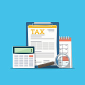 Concept tax payment. Data analysis, paperwork, financial research report and calculation of tax return. Payment of debt.