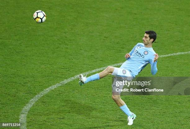 Iacopo La Rocca of the City kicks the ball during the round five A-League match between Melbourne City FC and Sydney FC at AAMI Park on November 3,...