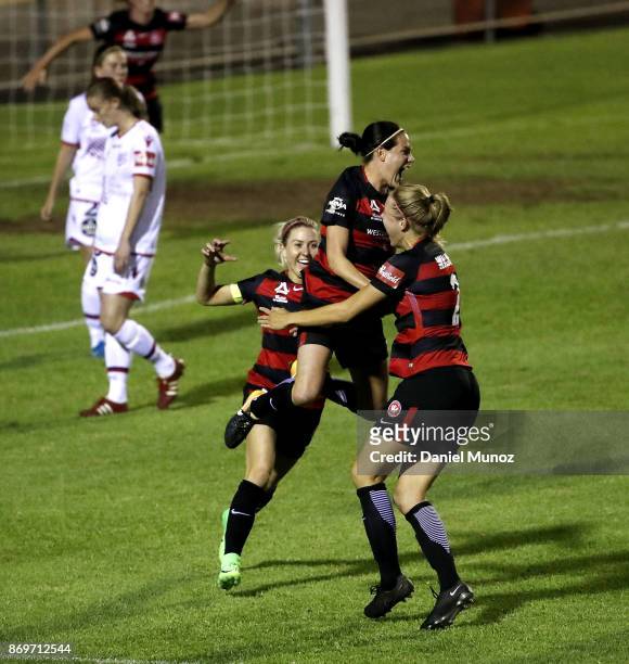 Rosie Sutton of the Wanderers celebrates with teammates after scoring during the round two W-League match between the Western Wanderers and Adelaide...