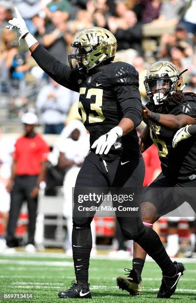 Defensive lineman Duke Ejiofor of the Wake Forest Demon Deacons celebrates after he sacks quarterback Lamar Jackson of the Louisville Cardinals...