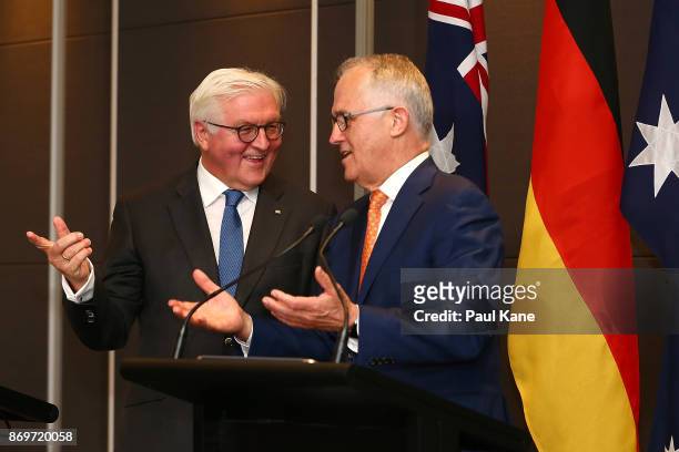 Dr Frank-Walter Steinmeier, President of Germany and Malcolm Turnbull, Prime Minister of Australia address the media during a joint press conference...