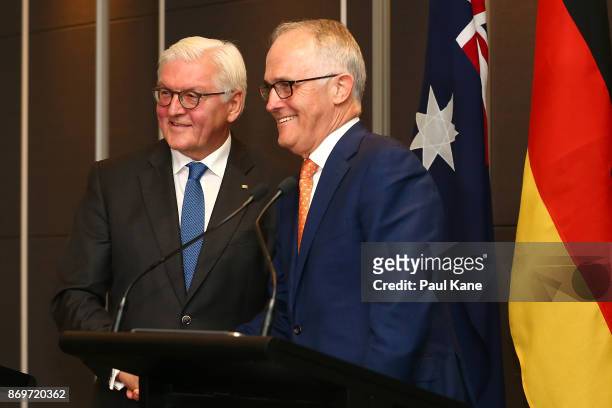 Dr Frank-Walter Steinmeier, President of Germany and Malcolm Turnbull, Prime Minister of Australia shakes hands after addressing the media during a...