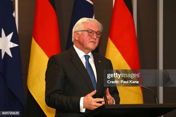 Dr Frank-Walter Steinmeier, President of Germany addresses the media during a joint press conference with Malcolm Turnbull, Prime Minister of...