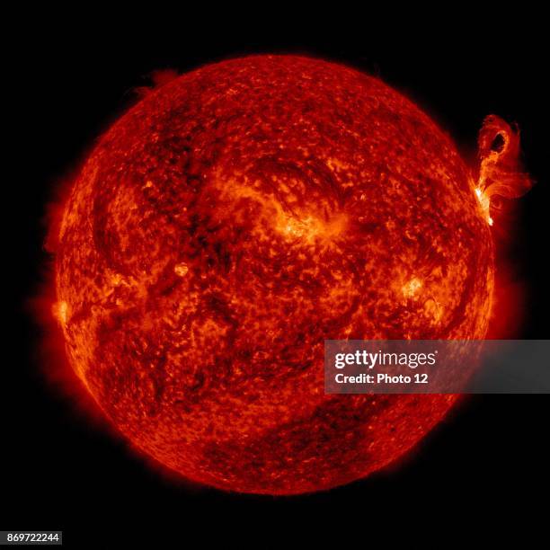 An eruption of solar material exploding up off the surface of the right side of the sun, 2012.