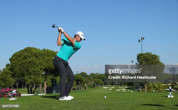 Justin Rose of England tees off on the 16th hole during the second round of the Turkish Airlines Open at the Regnum Carya Golf & Spa Resort on...