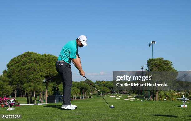 Justin Rose of England tees off on the 16th hole during the second round of the Turkish Airlines Open at the Regnum Carya Golf & Spa Resort on...