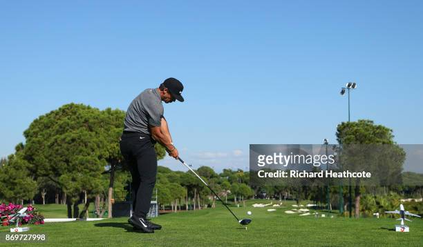 Thorbjorn Olesen of Denmark tees off on the 16th hole during the second round of the Turkish Airlines Open at the Regnum Carya Golf & Spa Resort on...