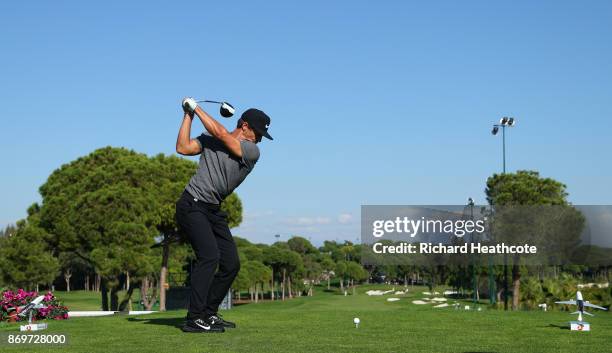 Thorbjorn Olesen of Denmark tees off on the 16th hole during the second round of the Turkish Airlines Open at the Regnum Carya Golf & Spa Resort on...