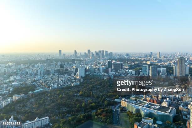 tokyo city cityscape aerial with shinjuku skyscrapers under a clear blue sky, taken from roppongi, minato ward, tokyo, japan. - shinjuku bezirk stock-fotos und bilder