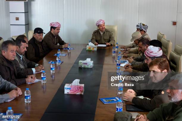 Massoud Barzani, president of Regional Government of Kurdistan-Iraq and his staff during a strategic meeting in their HQ near the frontline of Sinjar...