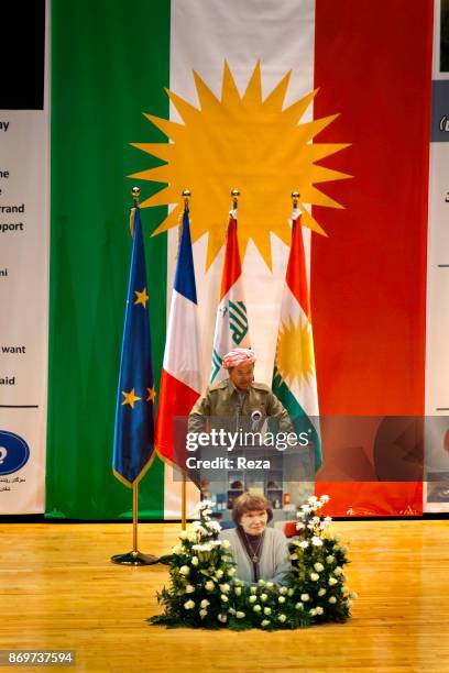 Massoud Barzani during his speech at the commemoration ceremony of the 4th anniversary of the death of Danielle Mitterrand inside the Erbil...