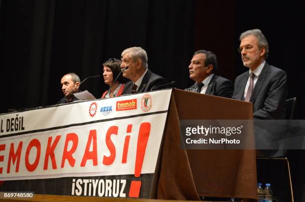 Turkey's main anti-government labour unions hold a joint press conference against the state of emergency with the slogan 'We do not want the state of...