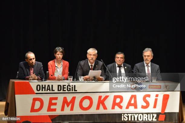Turkey's main anti-government labour unions hold a joint press conference against the state of emergency with the slogan 'We do not want the state of...
