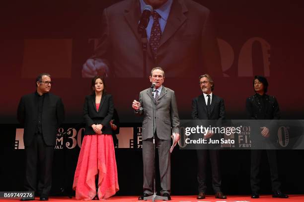 Reza Mirkarimi, Zhao Wei, Tommy Lee Jones, Martin Provost and Masatoshi Nagase attend the 30th Tokyo International Film Festival Closing Ceremony at...