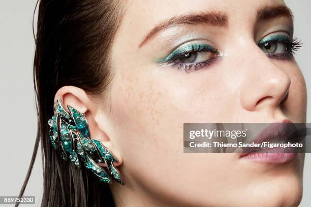 Model Alice Gilbert poses at a beauty shoot for Madame Figaro on July 10, 2017 in Paris, France. Make-up by Yves Saint Laurent. Earring . CREDIT MUST...